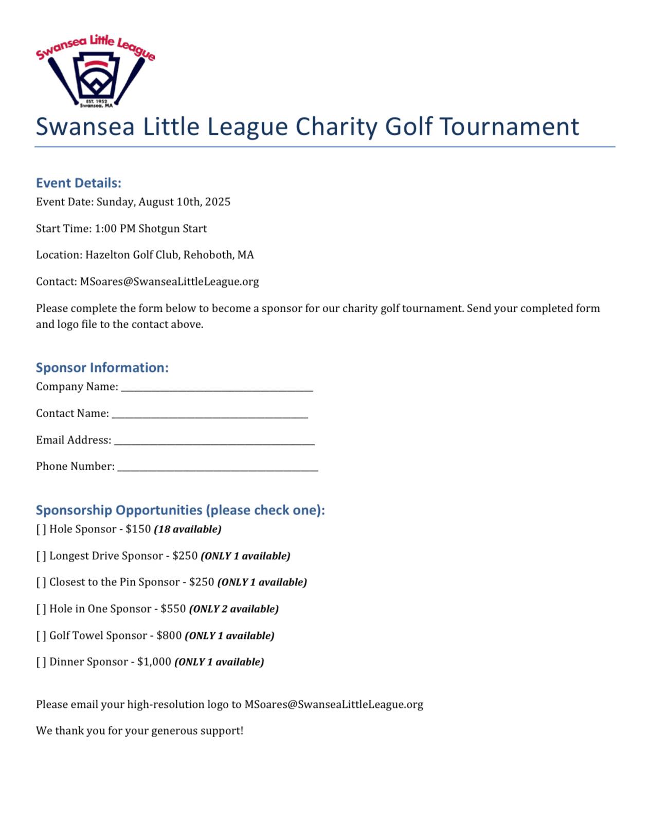 SLL Golf Tournament Sponsors